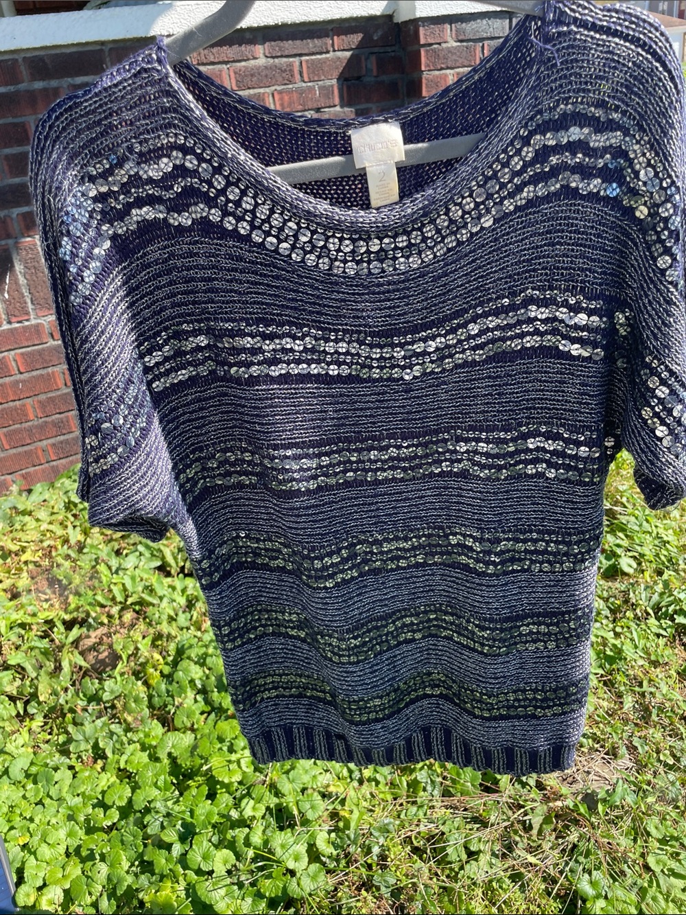 Chicos Women's Navy Sequin Stripe Knit Sweater